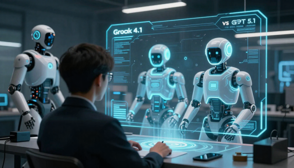 Agentic AI updates showing autonomous AI agents, Grok 4.1 vs GPT-5.1 comparison, AI-generated slides, app-building AI, and video intelligence.